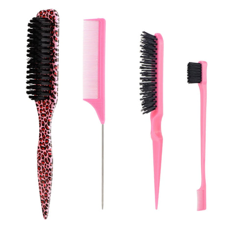 4Pc Boar Bristle Slick Back Hair Brush Set For Sleek Ponytail Bun Smoothing Baby Hairs,Flyaways,Edge Control Backcombing Teasing