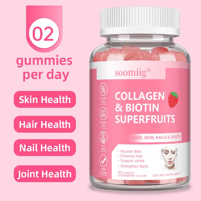 Collagen Gummies with Biotin for Hair Growth,Brightening Skin,Nails,Bones,and Joints-Suitable for Unisex,60 Gummies