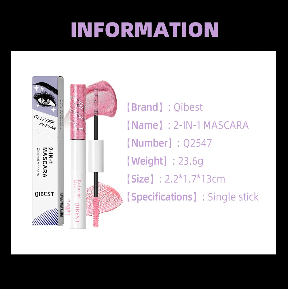 QIBEST Double Headed Diamond Glitter Mascara Long Lasting Colored Mascara Eyelashes Pink Blue Red Voluminous Waterproof Mascara