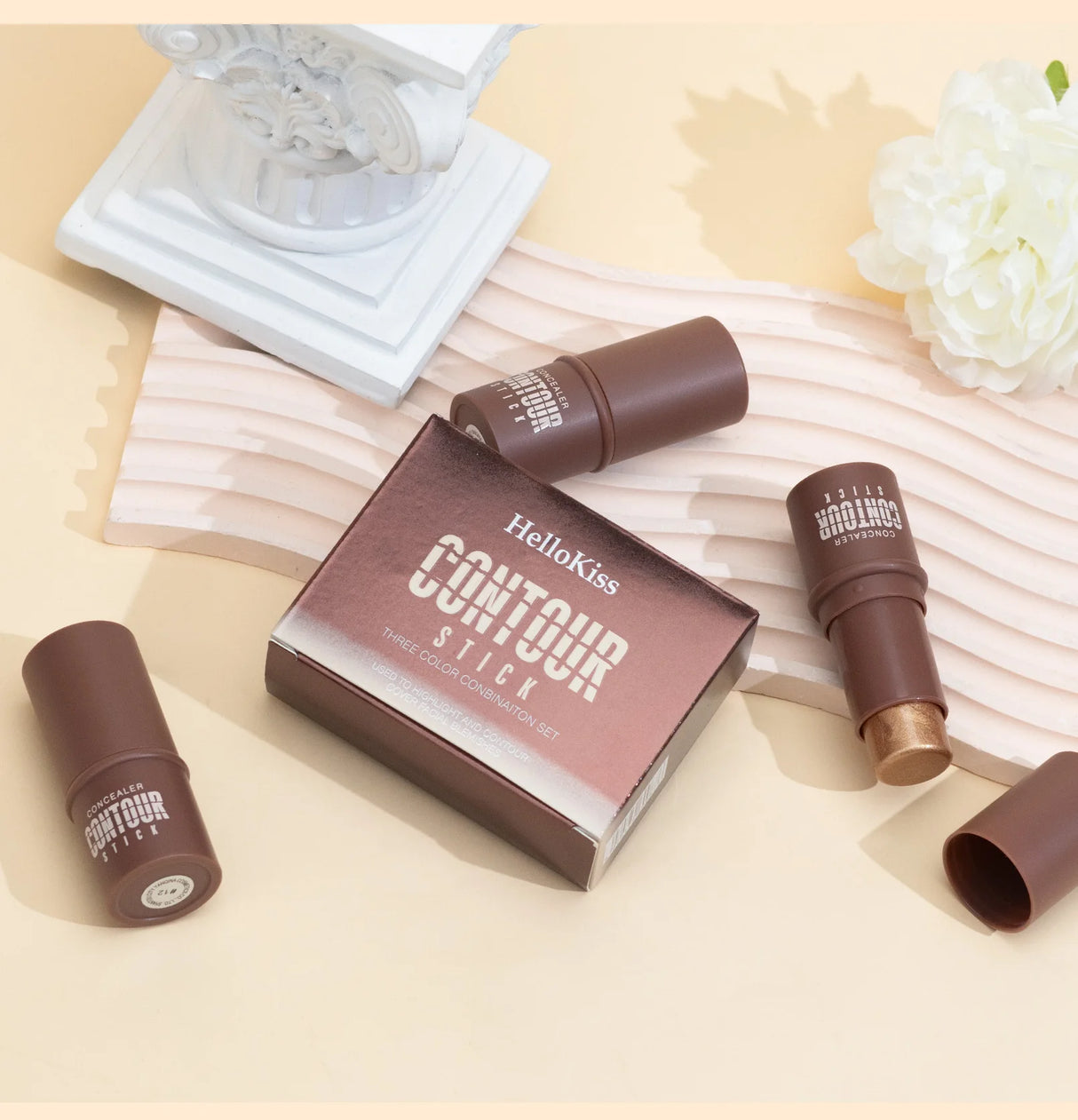 4-Piece Contour Stick Set with Highlighter, Blush & Bronzer Plus Golden Powder Brush - Waterproof Cream for All Tones, Shimmery.