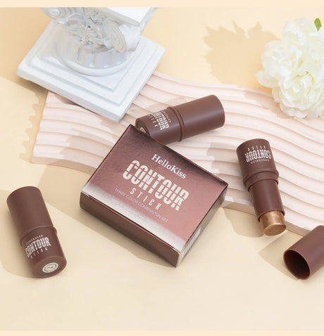4-Piece Contour Stick Set with Highlighter, Blush & Bronzer Plus Golden Powder Brush - Waterproof Cream for All Tones, Shimmery.