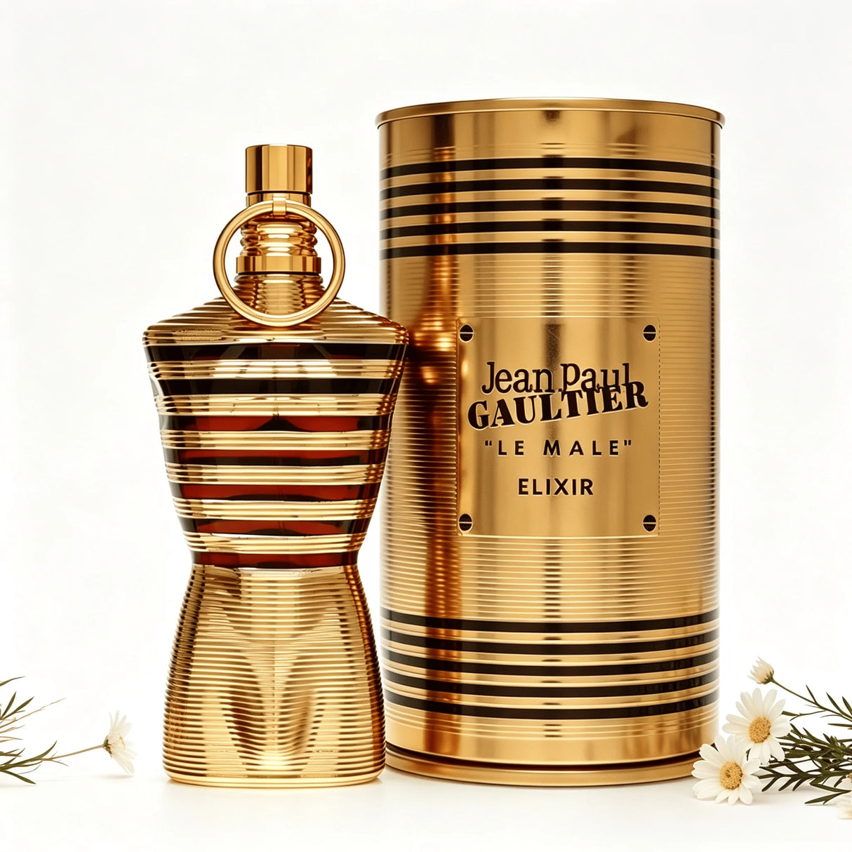 Jean Paul Gaultier Le Male Elixir EDP 125ML Perfume For Men Warm Vanilla Cardamom Woody Aroma Long Lasting Shiny Gold Metallic Striped Body Bottle With Gold Ring Cap Complete Gold Tin Box Dating Anniversary Present