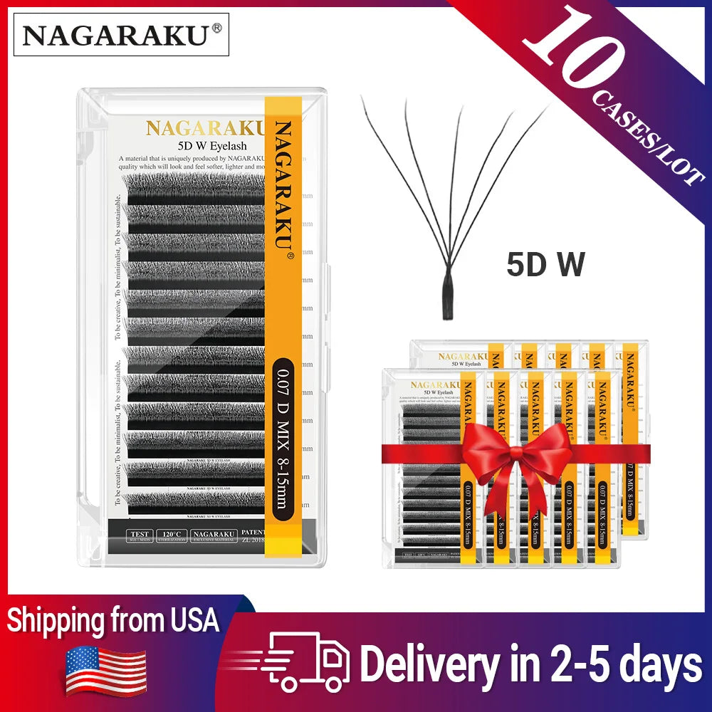 NAGARAKU Ship from USA 10 Cases W Shape 3D 4D 5D Eyelashes Free Tax Fast Shipping Delivery in 2-5 days Mix8-15mm Size
