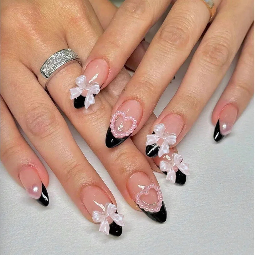 24Pcs Almond Blush Press On Nails Sweet Heart Diamond Cute Bow European American Style Self Adhesive Reusable False Nails For Women Girls Daily Party Manicure Supply
