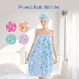2 Pcs Combination Set Bath Skirt + Shower Cap Daisy Pastoral Style Wearable Bath Towel Skirt  Hair Wrap Flower Soft & Absorbent