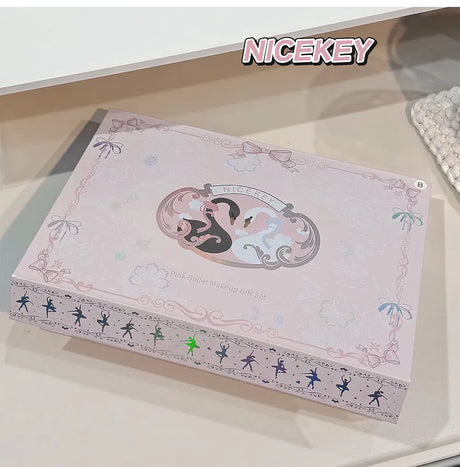 NICEKEY Pink Ballet Makeup Sets Include 4 Lip Mud,1 Blush,1 Pressed Powder,1 Eyes Palette,1 Contour Palette With Necklace Gift