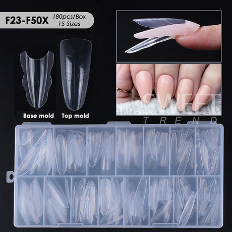 180pcs New Sandwich Nail Extension Mold Interlayer Dual Nail Forms Easy To Shape Oval/Coffin Mixed 15 Size Prolong Tool Manicure