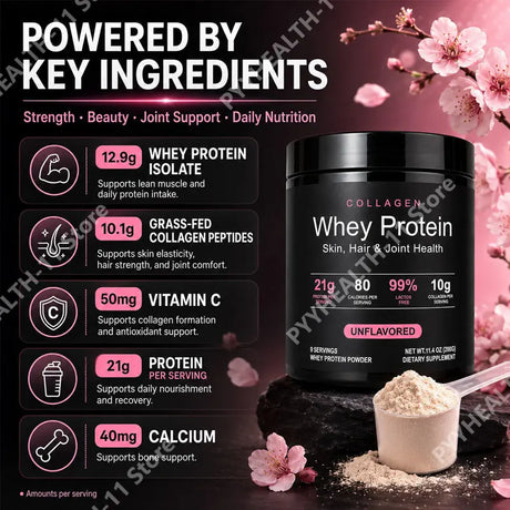 Whey Protein Powder Unflavored Muscle Recovery Joint Health Skin Hydration Grass-Fed Collagen Daily Nutrition Support