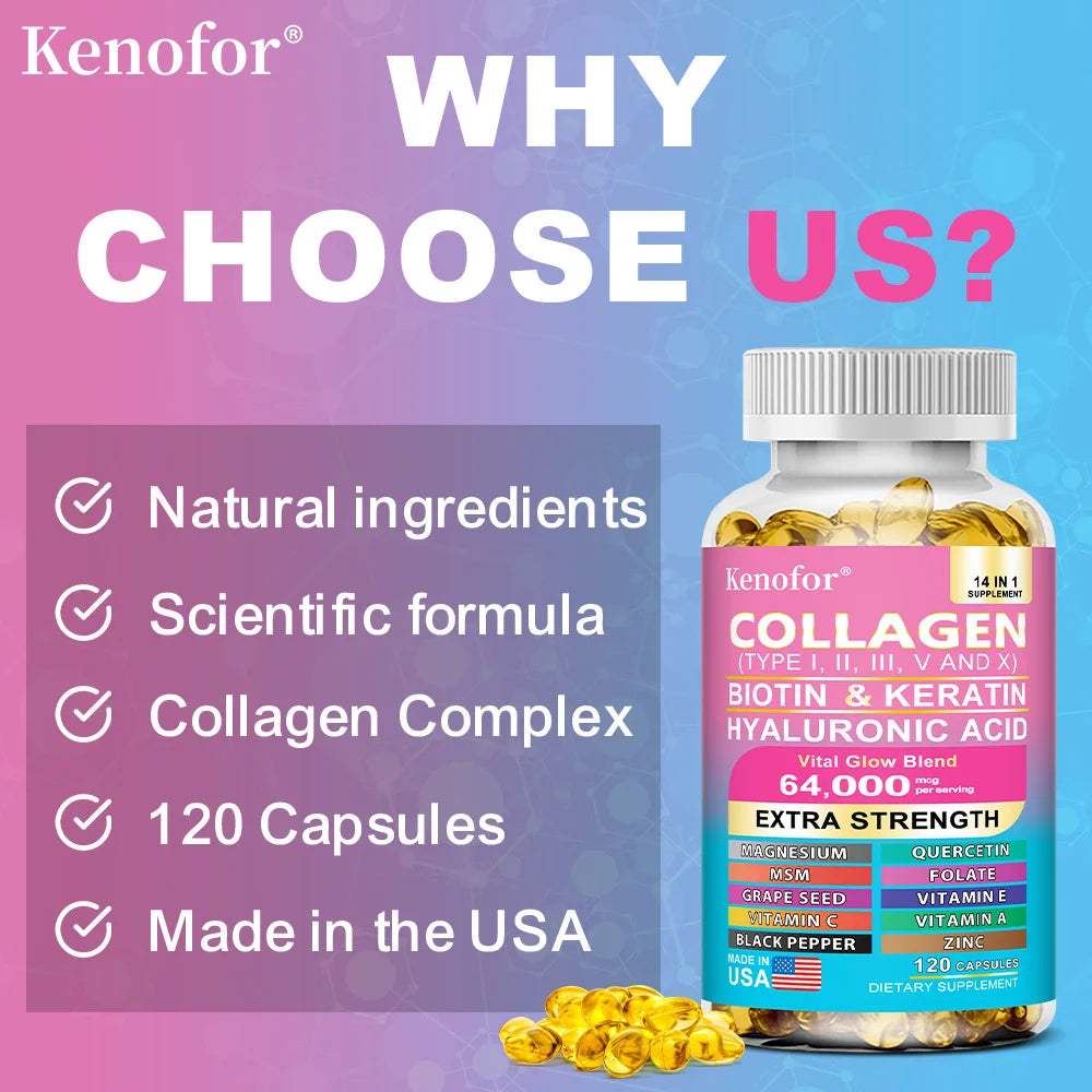 Multi Collagen Capsules - Types I, II, III, V & X Biotin Keratin Hyaluronic Acid MSM Zinc Magnesium,Hair Skin and Nails Vitamins