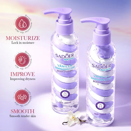 Vanilla Marshmallow Body Lotion Smooths and Refines Skin, Improves Dryness, Tightness, and Roughness, and Moisturizes the Skin.