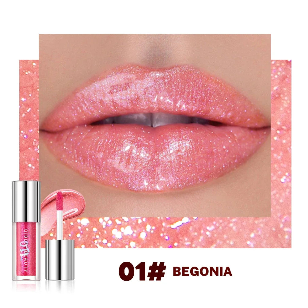 Qibest 8 Colors Moisturizing Diamond Shimmer Glitter Lip Gloss Makeup Sparkling Glitter Liquid Lipstick Pearl Lipgloss Tint