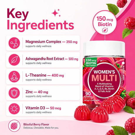 Women's Multivitamin Gummies 90 Count with Biotin Folic Acid Vitamins A C D E B, Berry Flavor Daily Wellness Supplement