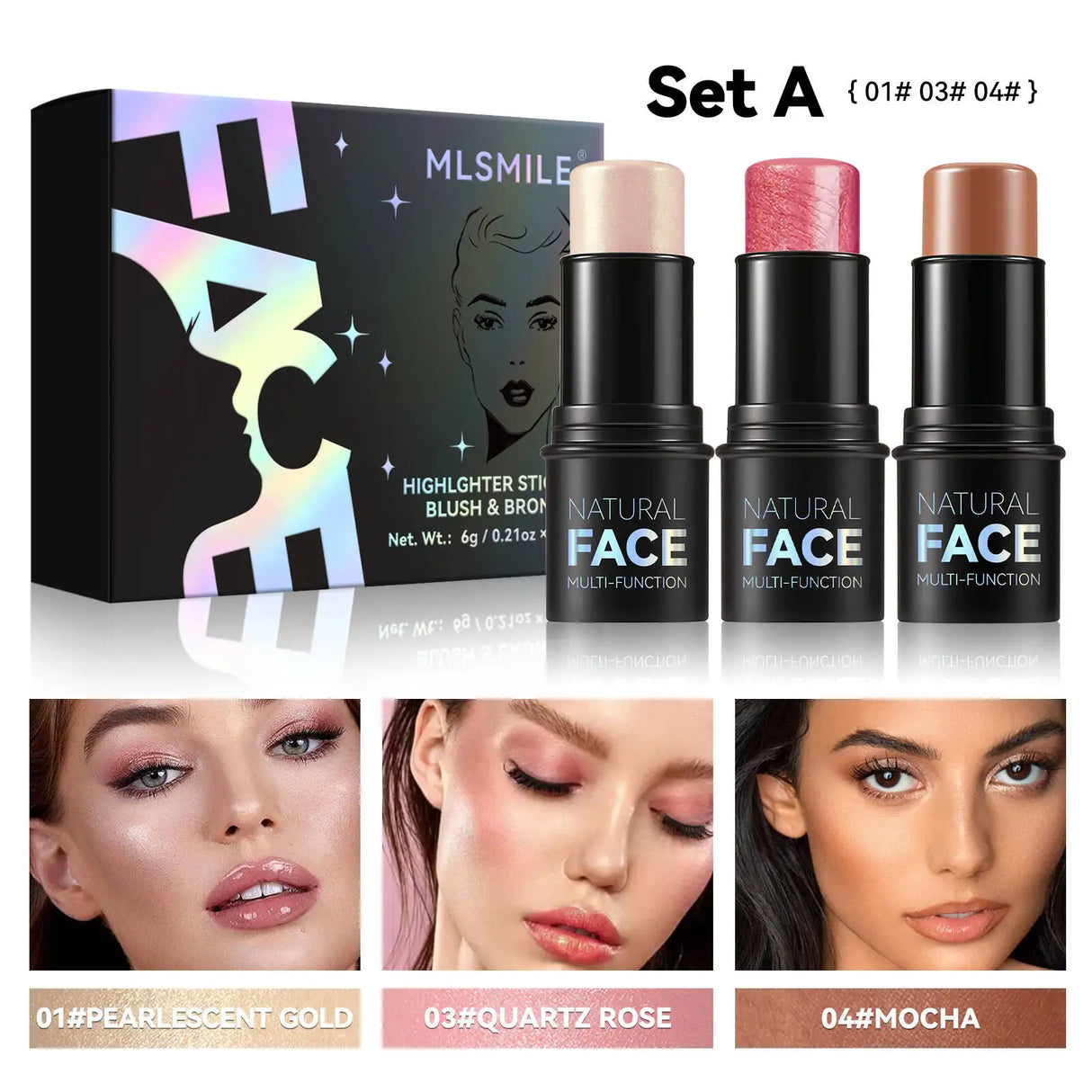 MLSMILE Highlight Contour 3-pack For 3D Makeup Brightening Skin Tone Face Blush Stick 3 Pcs Set 2025 New
