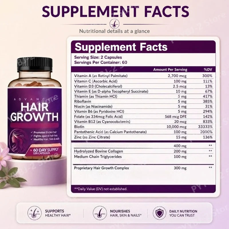 Daily Hair Supplement for Women Contain Biotin Collagen & Zinc Capsules Hair Skin and Nail Nutrition Support 60-Day Supply