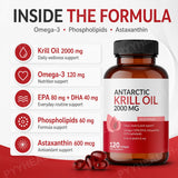 Antarctic Krill Oil 2000mg with Omega-3 EPA DHA, Astaxanthin & Phospholipids, Premium Daily Wellness, 120 Softgels Supplement