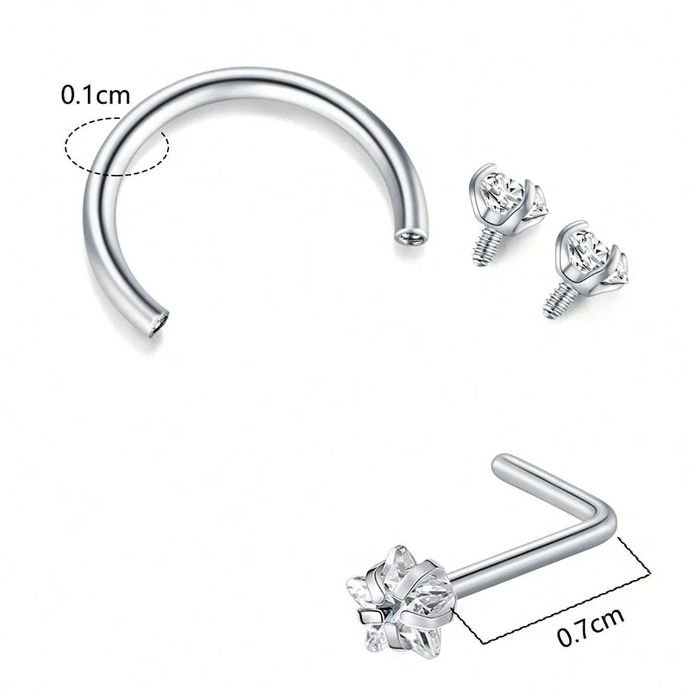 6/2pcs Horseshoe Nose Rings With L-Shape Nose Stud, Stainless Steel Rianbow CZ Nose Ring,, Lip Eyebrow Helix Ear Piercing