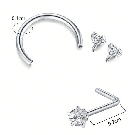 6/2pcs Horseshoe Nose Rings With L-Shape Nose Stud, Stainless Steel Rianbow CZ Nose Ring,, Lip Eyebrow Helix Ear Piercing