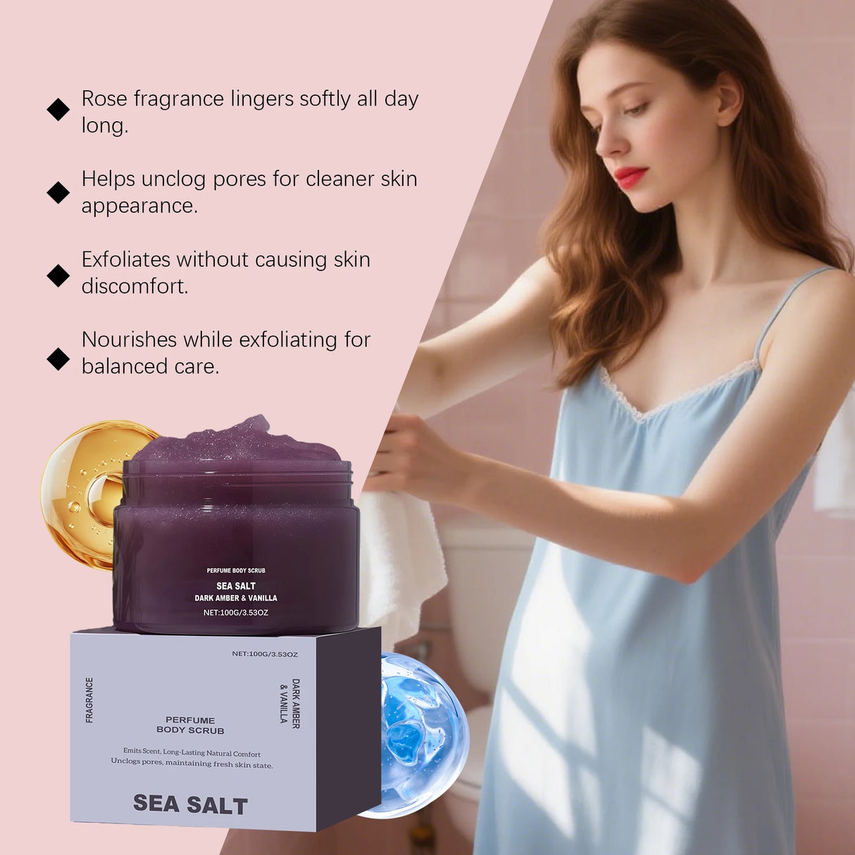 Perfume Body Scrub Hydrating Smoothing Skin Natural Exfoliating Salt Rose Coral Amber Vanilla Scent Moisturizing Cleansing Skin