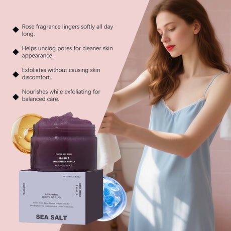 Perfume Body Scrub Hydrating Smoothing Skin Natural Exfoliating Salt Rose Coral Amber Vanilla Scent Moisturizing Cleansing Skin