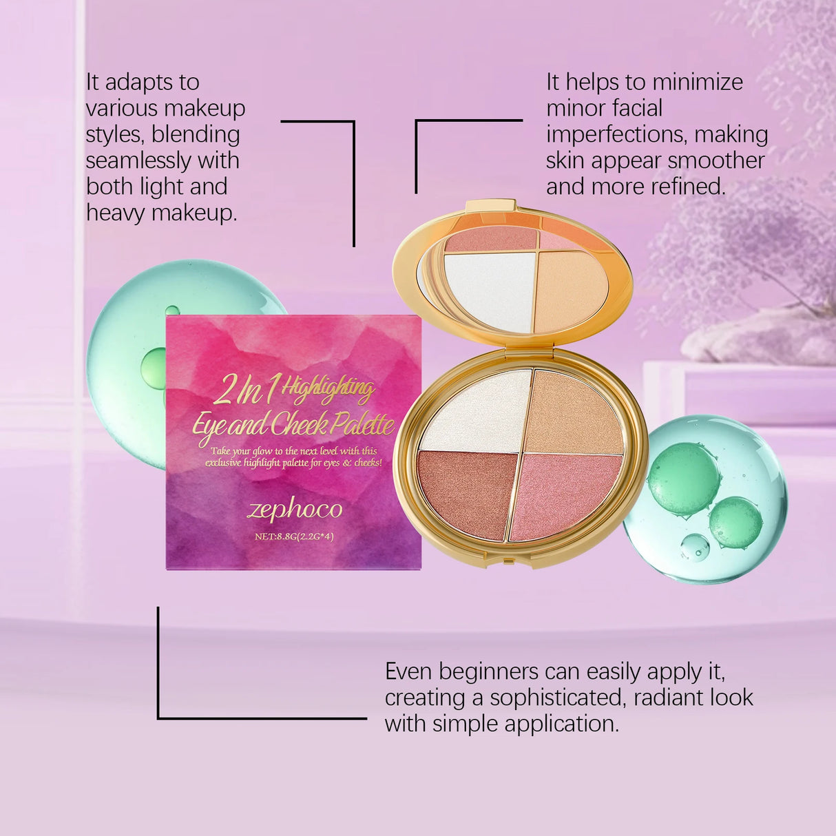 Zephoco 2-in-1 Highlighting Eye & Cheek Palette -Soft Shimmery Tones,Blendable Formula,All-in-One for Glowing Eye & Cheek Makeup