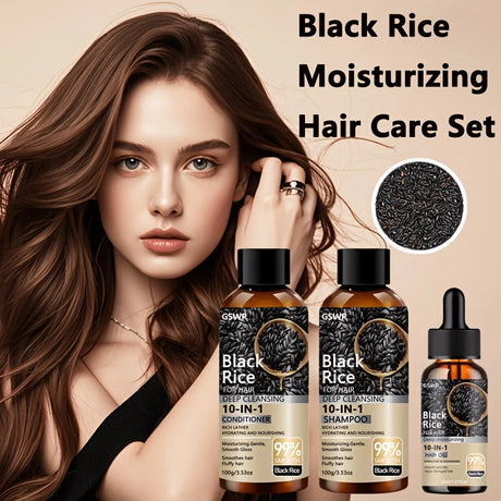GSWP 10-in-1 Black Rice Moisturizing Shampoo Conditioner Set: Gently Cleanses, Reduces Frizz, Brightens Hair Shine. 200g + 30ml