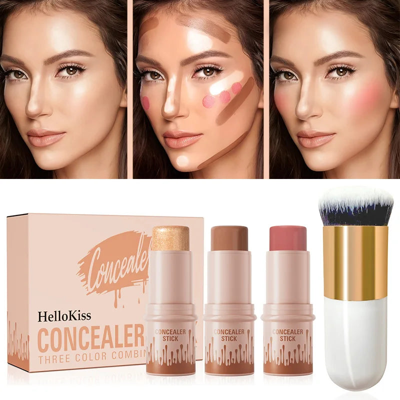 4pcs Set of Contour Stick, Highlight Stick, Blush Stick, Contour Brush, Shapes the Face Contour, Non-Greasy, Waterproof