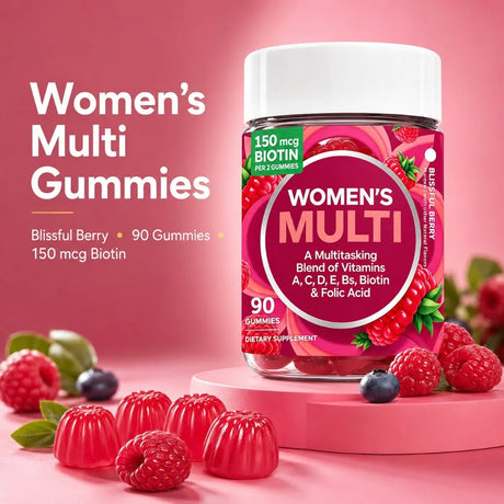 Women's Multivitamin Gummies 90 Count with Biotin Folic Acid Vitamins A C D E B, Berry Flavor Daily Wellness Supplement