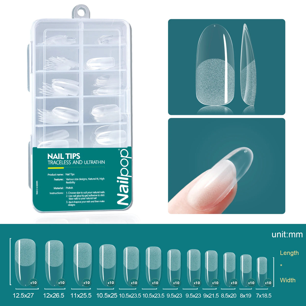 Nailpop 120pcs/box Gel X Nail Tips Medium Short Shape Almond/Square/Soft Gel Nail Tips False Nails Soak Off Easy Nail Extensions