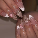 24pcs wearable false nail kit, randomly shipped; almond-shaped pearl starlight false nails; artistic flower press-on nails.