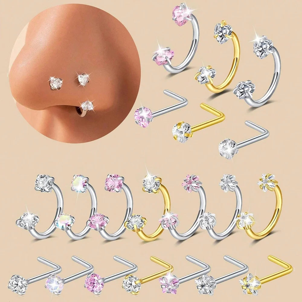 6/2pcs Horseshoe Nose Rings With L-Shape Nose Stud, Stainless Steel Rianbow CZ Nose Ring,, Lip Eyebrow Helix Ear Piercing