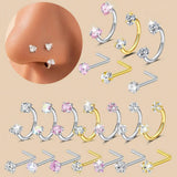 6/2pcs Horseshoe Nose Rings With L-Shape Nose Stud, Stainless Steel Rianbow CZ Nose Ring,, Lip Eyebrow Helix Ear Piercing