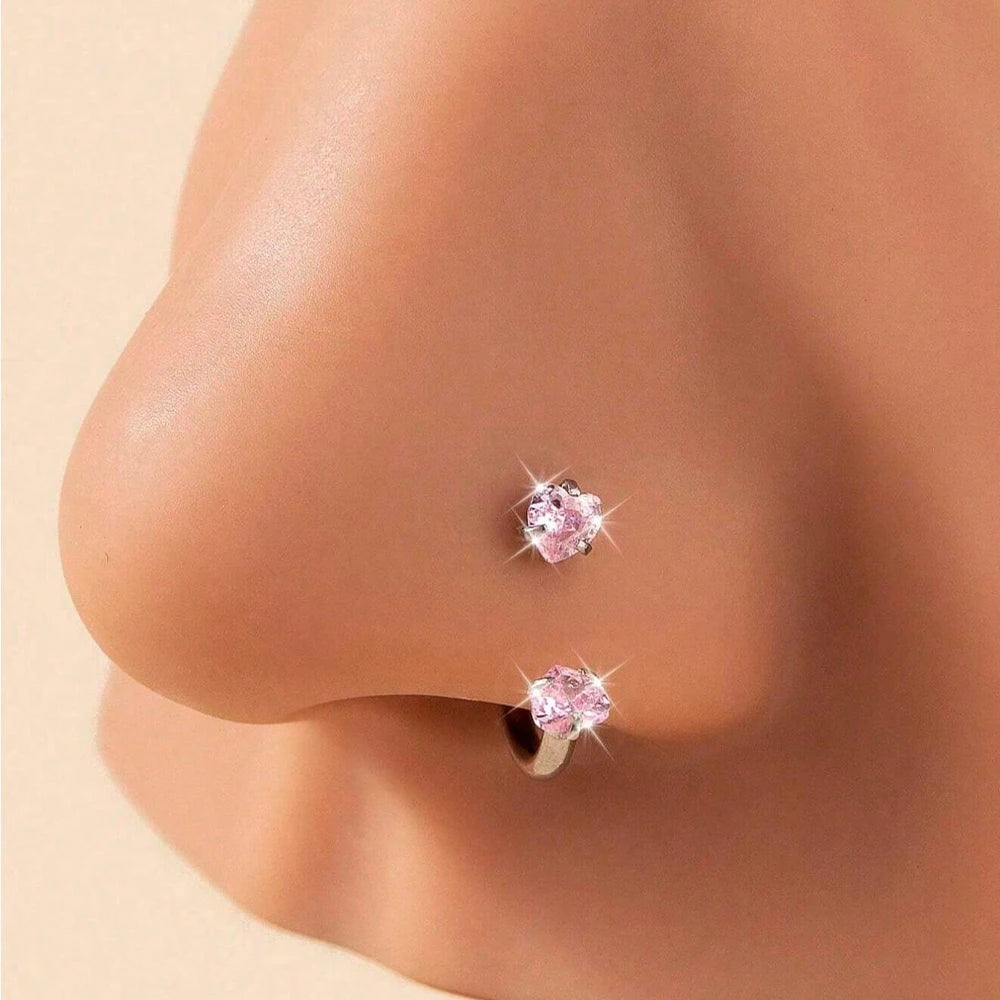 6/2pcs Horseshoe Nose Rings With L-Shape Nose Stud, Stainless Steel Rianbow CZ Nose Ring,, Lip Eyebrow Helix Ear Piercing