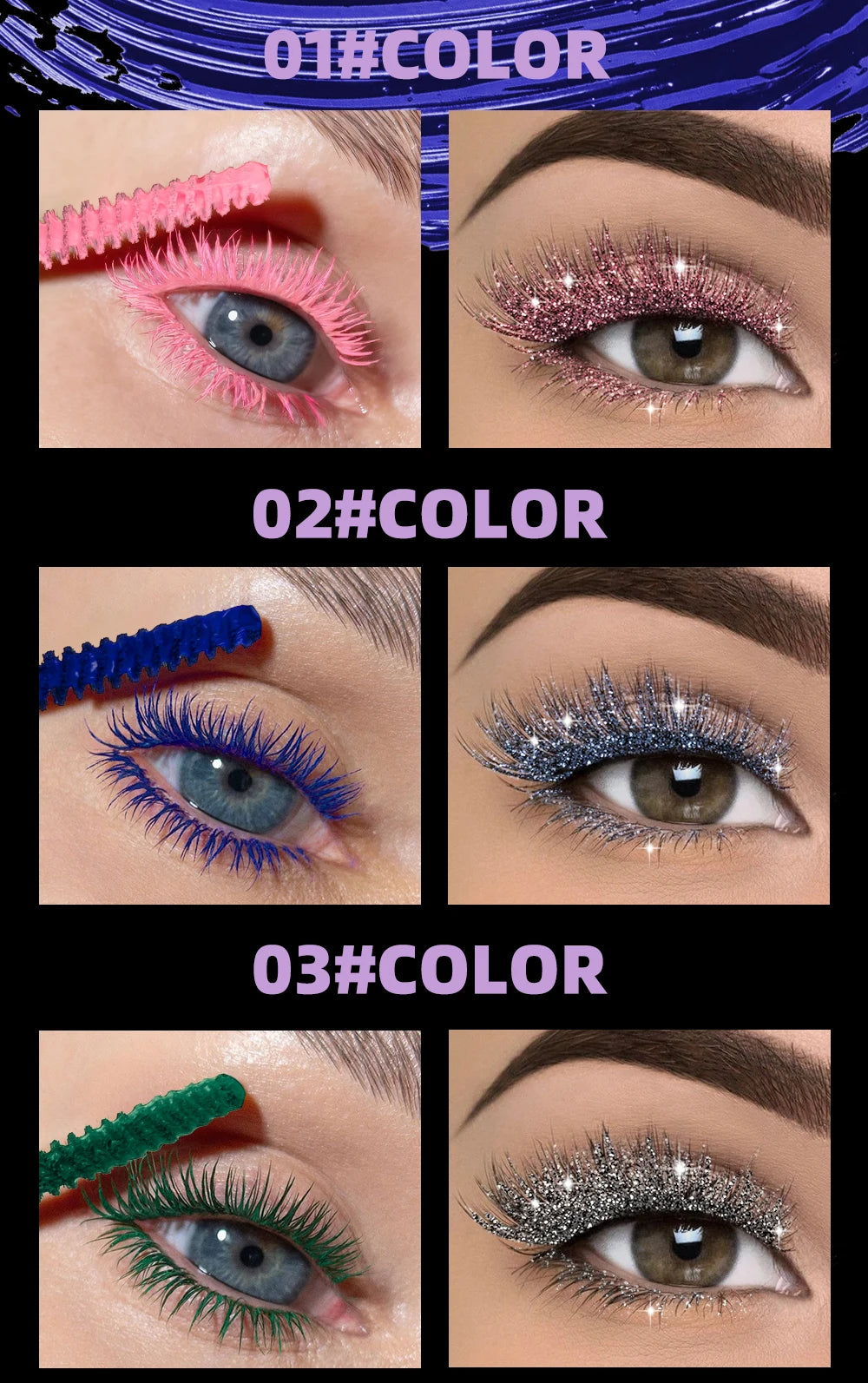 QIBEST Double Headed Diamond Glitter Mascara Long Lasting Colored Mascara Eyelashes Pink Blue Red Voluminous Waterproof Mascara