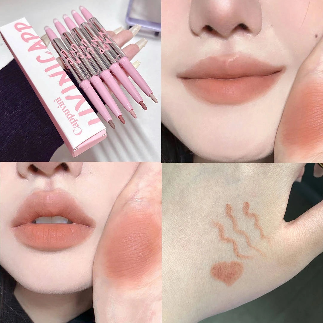 Lip Shadow Liner Pen Matte Lipstick Base Silver Tube Waterproof Lasting Lip Contouring Non-stick Cup Lipliner Pencil With Brush