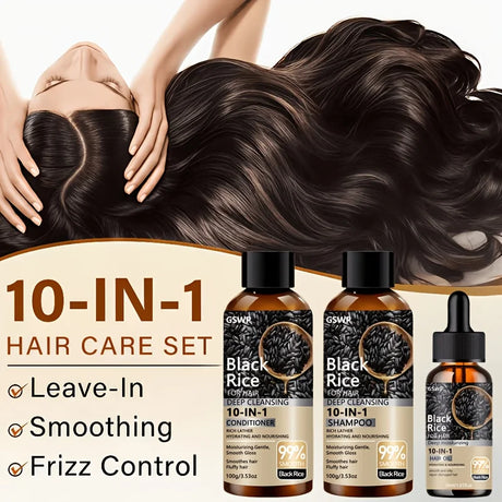 GSWP 10-in-1 Black Rice Moisturizing Shampoo Conditioner Set: Gently Cleanses, Reduces Frizz, Brightens Hair Shine. 200g + 30ml