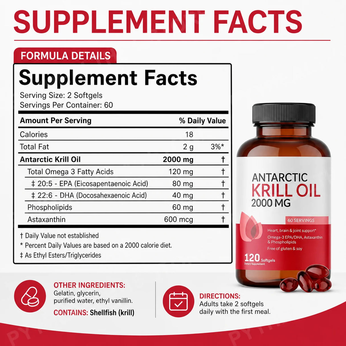 Antarctic Krill Oil 2000mg with Omega-3 EPA DHA, Astaxanthin & Phospholipids, Premium Daily Wellness, 120 Softgels Supplement