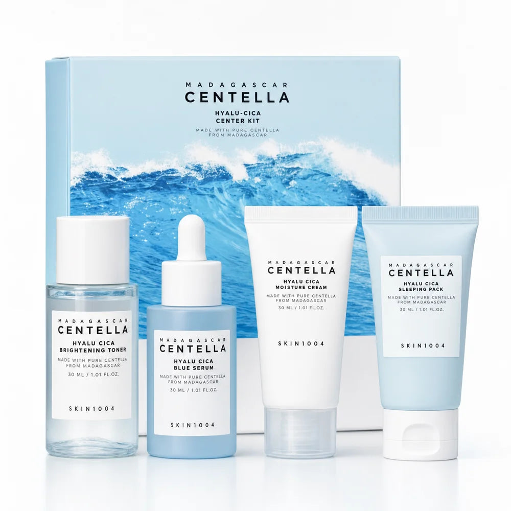 Centella Hyalu-Cica and Poremizing Travel Kit,Toner, Ampoule Serum,Face Moisturizer Cream and Night Sleeping Pack Mini 4pcs Set
