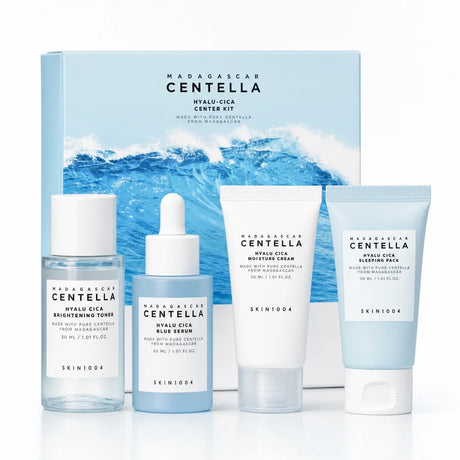 Centella Hyalu-Cica and Poremizing Travel Kit,Toner, Ampoule Serum,Face Moisturizer Cream and Night Sleeping Pack Mini 4pcs Set