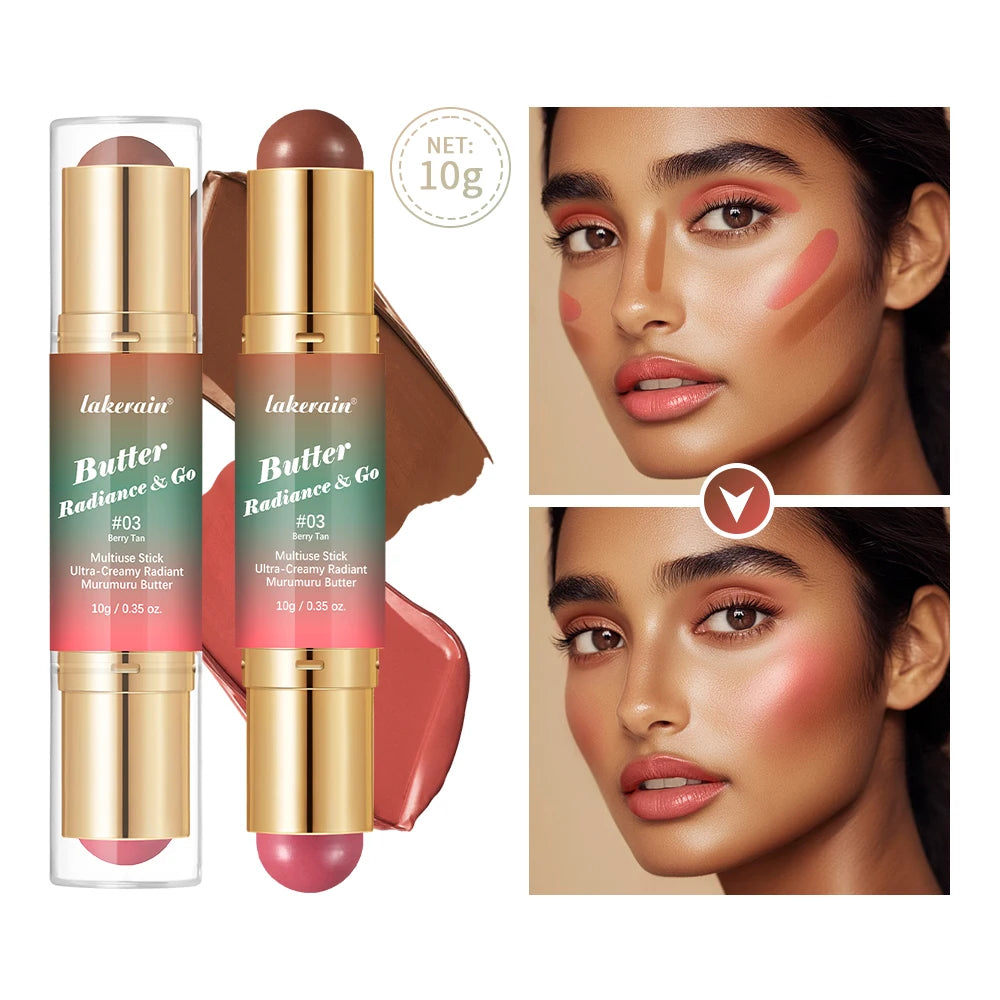 Butter Glow & Go Multiuse Stick Double-Headed Bronzer Blush Stick for Cheeks Contours Light Glossy Bronze&Pink Blusher Cosmetics