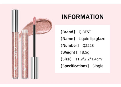 QIBEST Metallic Glitter Liquid Lipstick Makeup Waterproof Lip Gloss Long-lasting Shimmer Metal Diamond Lip Glaze Tint Charming