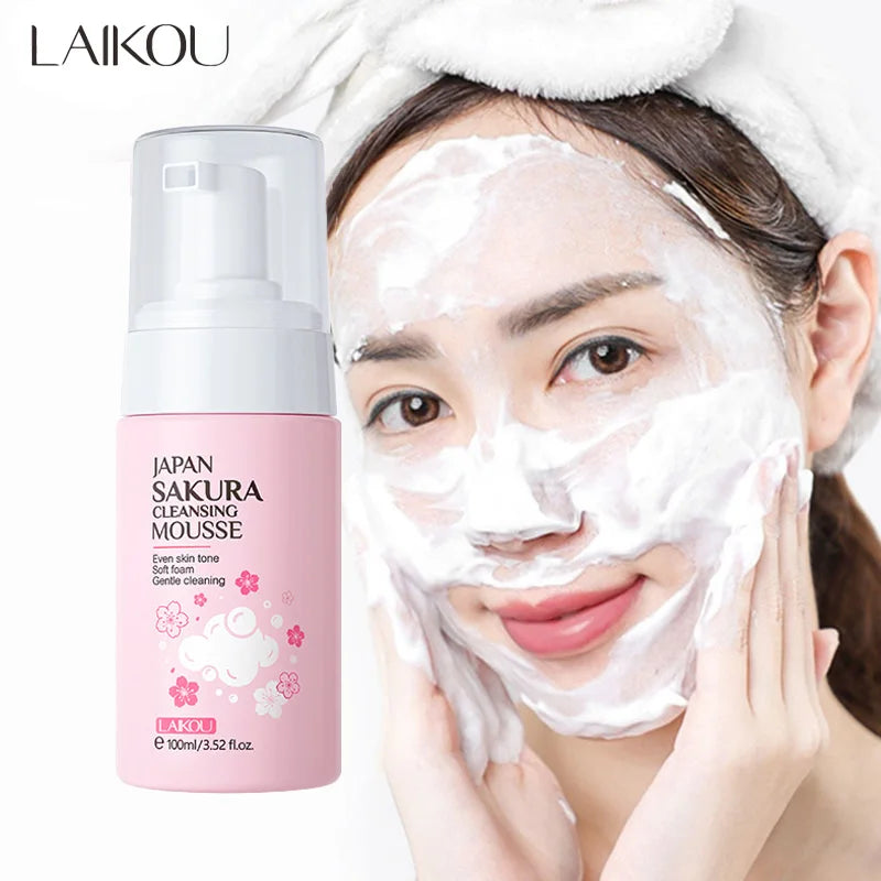 LAlKOU Japan Sakura Cleansing Mousse Facial Cleanser  Shrink Pores Deep Clean Oil Control Moisturizing Skin Care 100ml