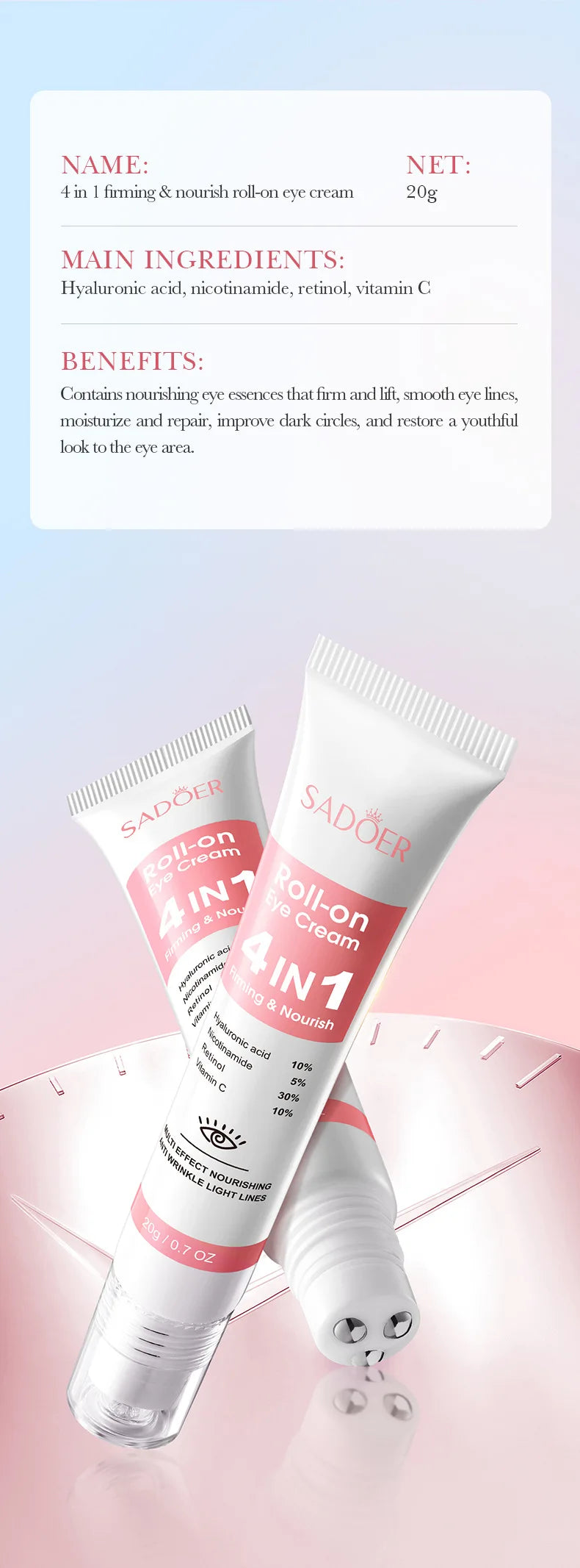 SADOER 4in1 Roll-on Moisturizing Eye Cream Anti Dark Circles Eyes Bags Firming Moisturizing Eye Serum Skin Care for Beauty Eyes