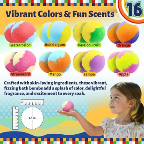 Zippytots Bath Bombs with Food Toys Inside, 16 Pack Colorful Surprise Bath Fizzies Set, Organic Fizzy Bubble Bath Bombs for Gir