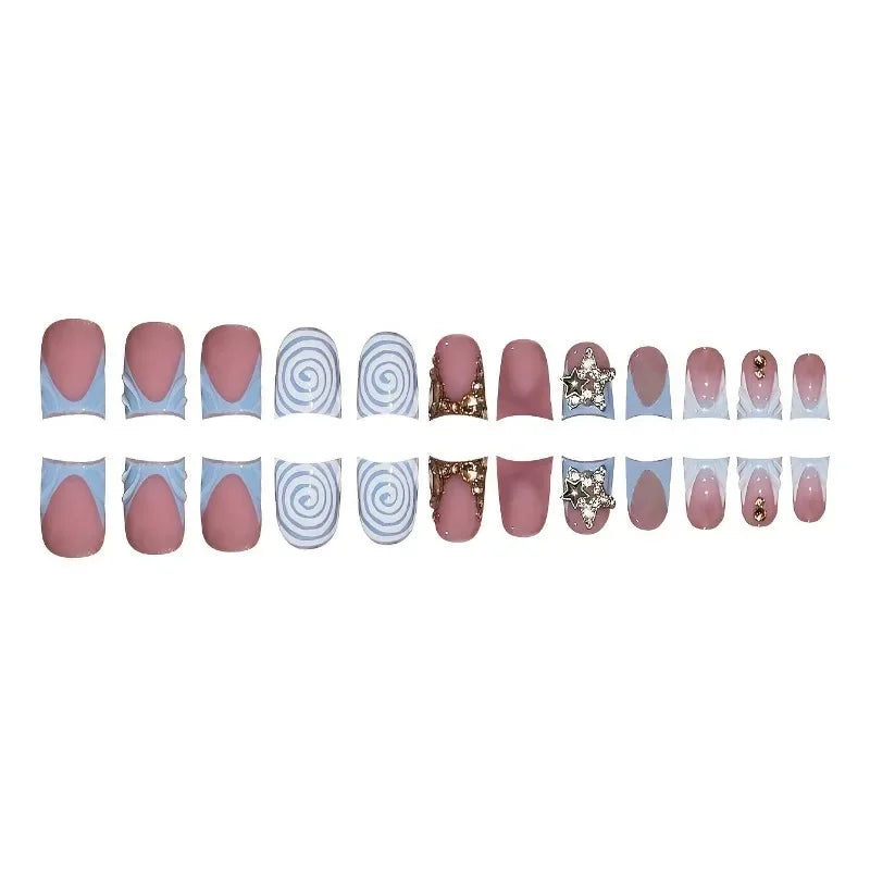 24pcs Short Duckbill False Nails Wearable Blue French Fake Nails Star Flash Rhinestones Decor Gradient Y2k Nails Press on 2030