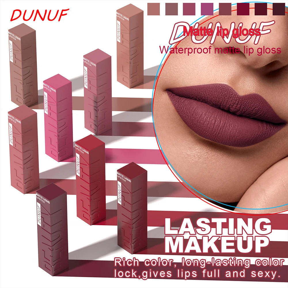 DUNUF Matte Velvet Lip Gloss, 3D Plumping & Waterproof, Square Tube Lipstick, Easy Application, 8 Shades (All-in-One)