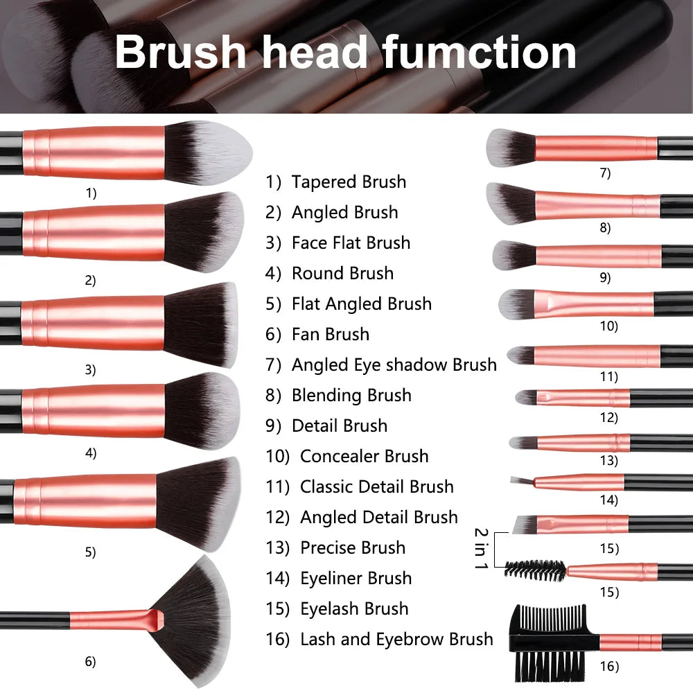 16PCS Professional Makeup Brush Set Premium Synthetic Eyeshadow Contouring Foundation Highlight Setting Powder Eyeliner Blending
