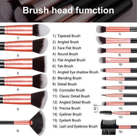 16PCS Professional Makeup Brush Set Premium Synthetic Eyeshadow Contouring Foundation Highlight Setting Powder Eyeliner Blending