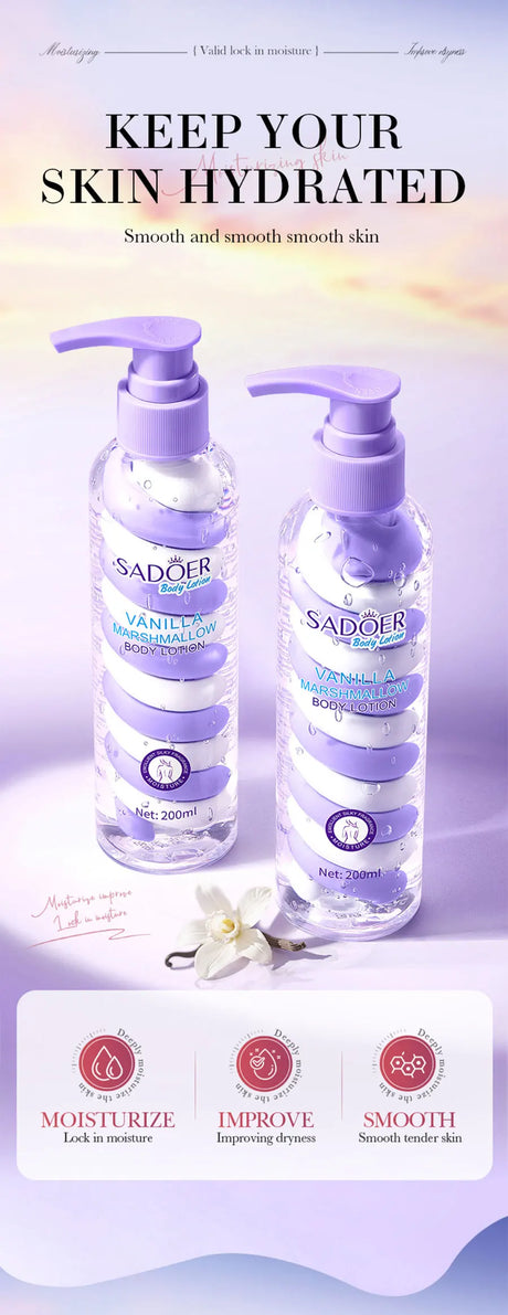 Vanilla Marshmallow Body Lotion Smooths and Refines Skin, Improves Dryness, Tightness, and Roughness, and Moisturizes the Skin.