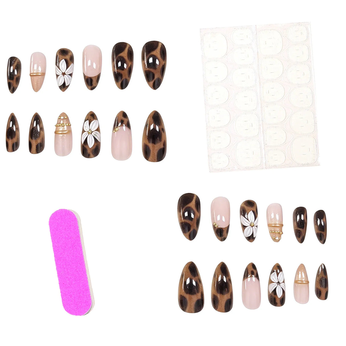 24pcs Leopard Print Press On Nails 3D White Flower Gold Metal Beads Charms Fake Nail Y2K Short Almond Fasle Nail for Women