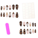 24pcs Leopard Print Press On Nails 3D White Flower Gold Metal Beads Charms Fake Nail Y2K Short Almond Fasle Nail for Women